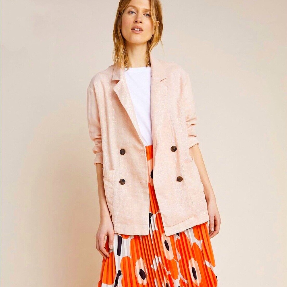 ANTHROPOLOGIE Amadi Pink Shimmer Linen Oversized Blazer Jacket Lightweight Coat - Picture 1 of 12